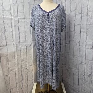 Chaps Extra Large Blue White Floral Button Short Sleeve Knee Length Nightgown